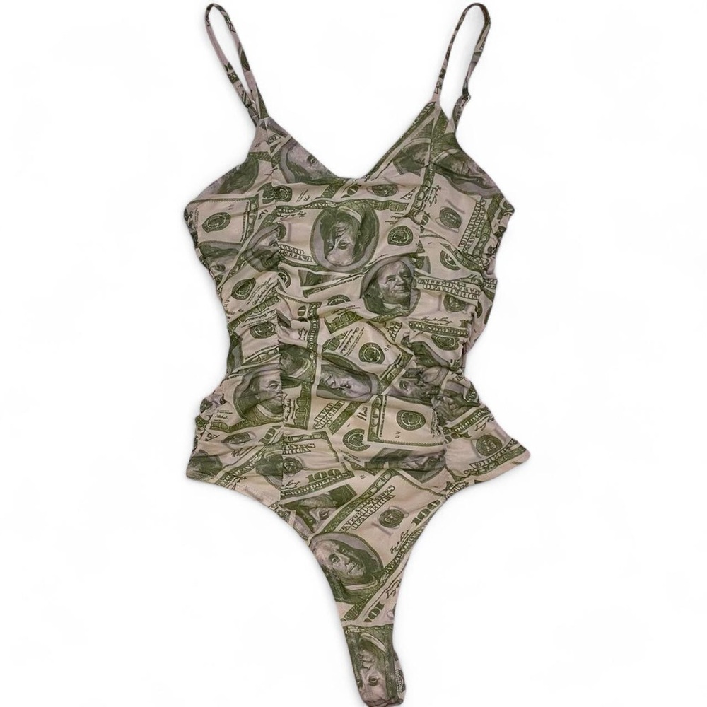 Money Print Ruched Camisole Bodysuit